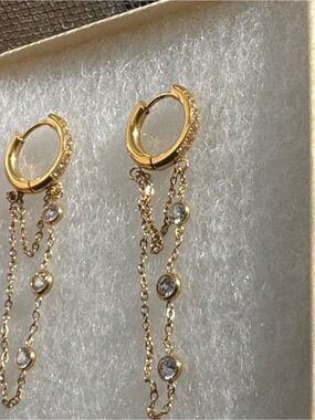 Gold Drop Chain Hoop Earrings with Crystal Accents - New never worn